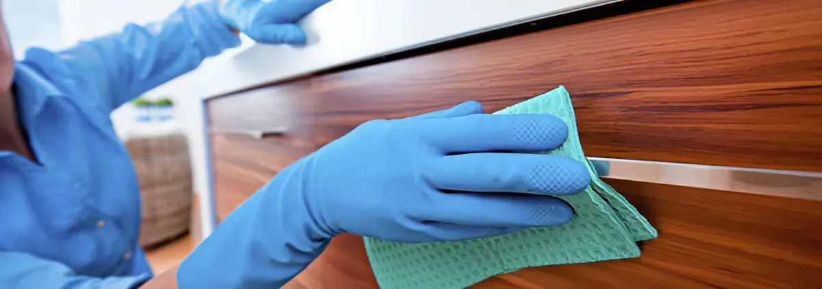 Cleaner wearing blue gloves wiping a wooden cabinet drawer with a microfiber cloth for dust and grime removal, Mobile, AL.