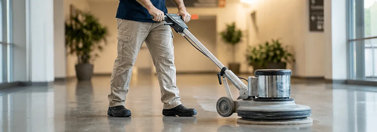 Professional technician using an industrial floor buffer to polish and maintain shiny commercial flooring in a corporate hallway in Mobile, AL.