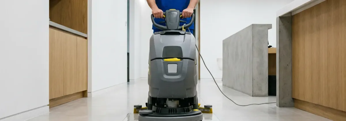 Janitorial staff using a floor scrubber machine to clean a commercial hallway, Mobile, AL.