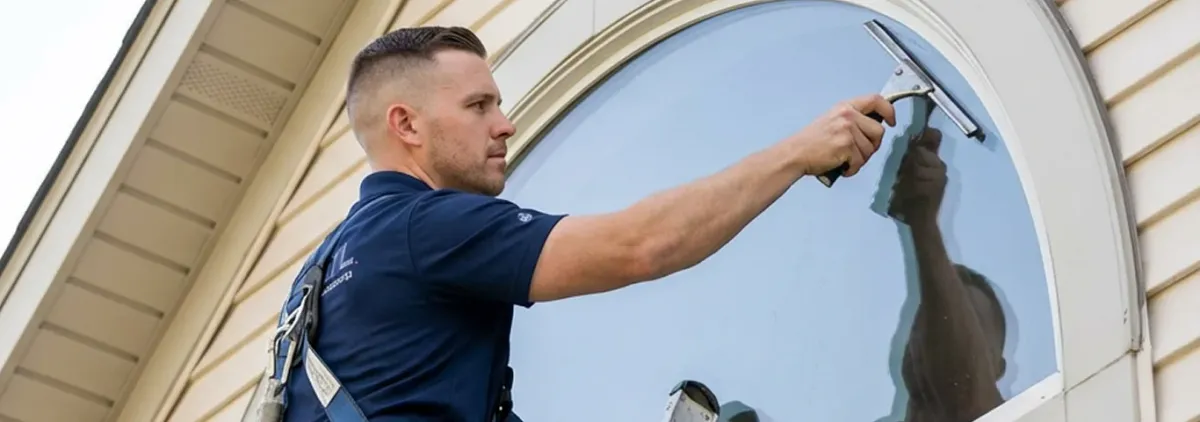 Professional window cleaner using a squeegee to clean an exterior arched window on a home, Mobile, AL.