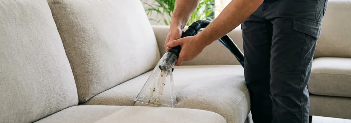 Technician extracting dirt and moisture from a fabric sofa with an upholstery cleaning wand, Mobile, AL.