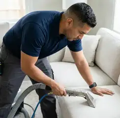 Professional upholstery cleaning technician using an extraction wand to deep-clean a fabric sofa, Mobile, AL.